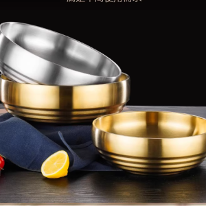 Cold Noodle Bowl — Gold Stainless Steel Instant Noodle Bowl, Ramen Bowl, Double-Layered Korean Bibimbap Bowl, Large Soup Bowl, Luosifen Bowl
