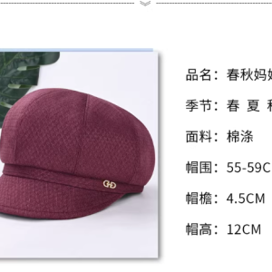 Women's Spring/Autumn Cap for Middle-Aged & Elderly Women — Lightweight Fabric Baseball Cap Style Hat for Moms and Grandmas